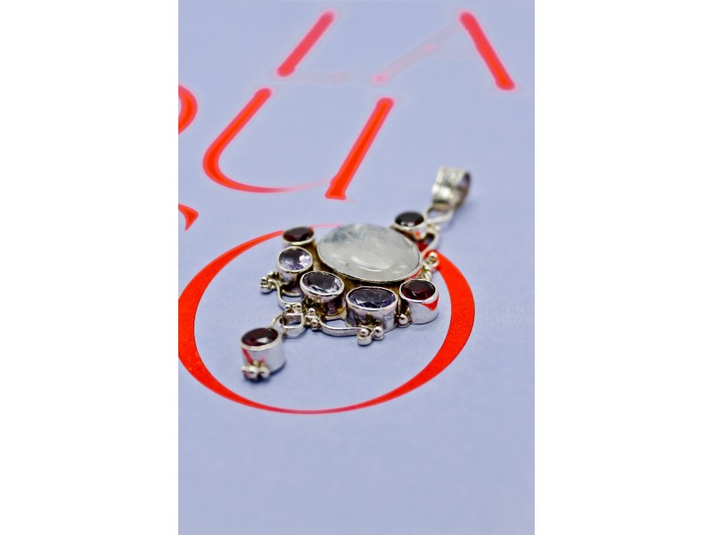 925 Sterling Silver Moonstone, Amethyst & Garnet Pendant
