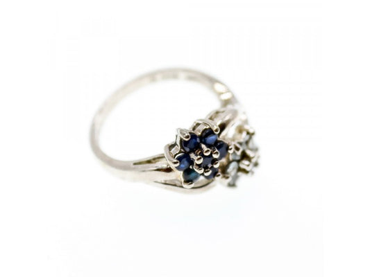 925 Sterling Silver Blue Sapphire & White Topaz "Flowers" Ring Size 7