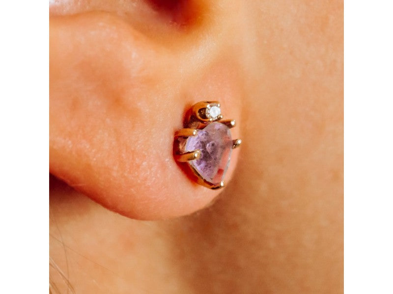 14K Yellow Gold Amethyst & Diamonds "Hearts" Stud Earrings