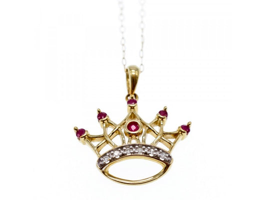 10K Yellow Gold Rubies & Diamonds Crown Chain With Pendant