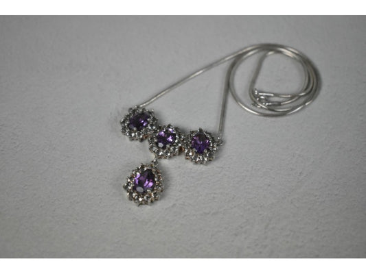925 Sterling Silver Purple Tourmaline & Colorless Spinel Necklace Italy