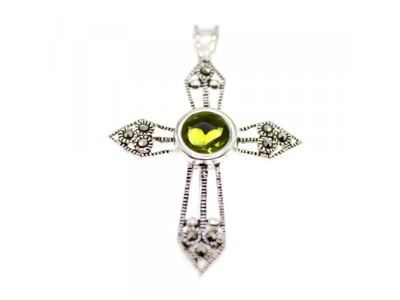 925 Sterling Silver Peridot & Marcasite Cross Pendant