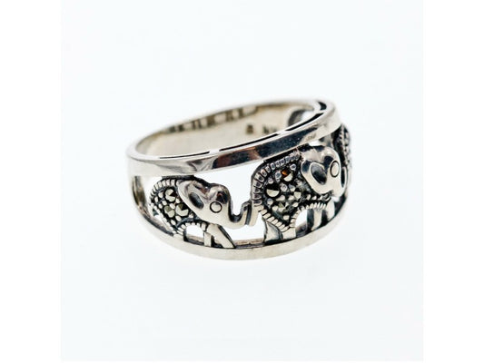 925 Sterling Silver Marcasites "Elephants" Ring Size 9.5