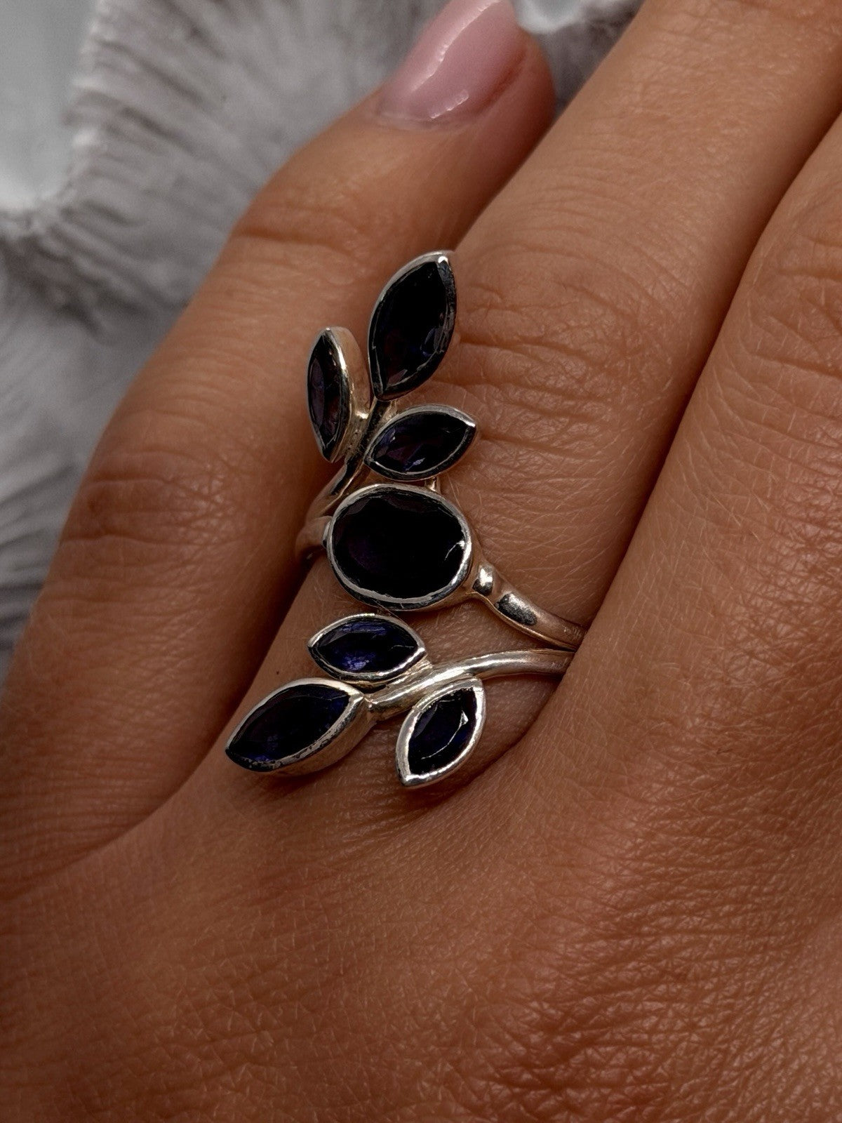 925 Sterling Silver Deep Purple Amethyst Color Gemstones Floral Leaf Ring Size 7