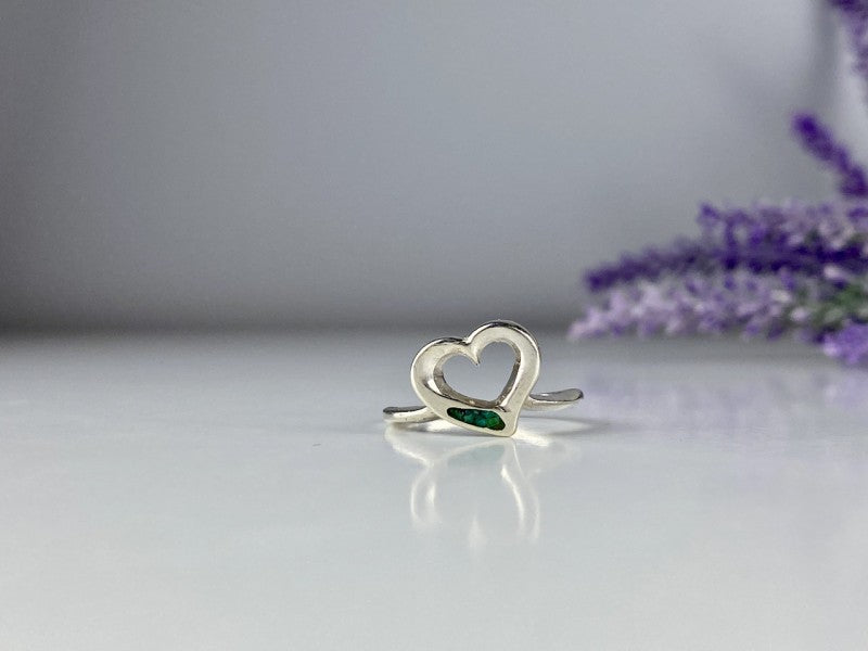 925 Sterling Silver Malachite Insert "Heart" Ring Size 6.5