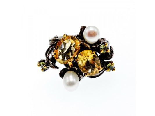 925 Sterling Blackened Silver Citrine, Peridot and Pearls Ring Size 7