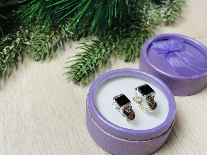 925 Sterling Silver Black Nephrite ( Jade ) Earrings