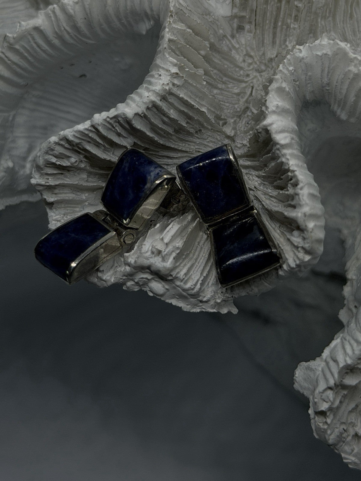 Modernist Design 925 Sterling Silver Sodalite Geometric Hinged Drop Earrings