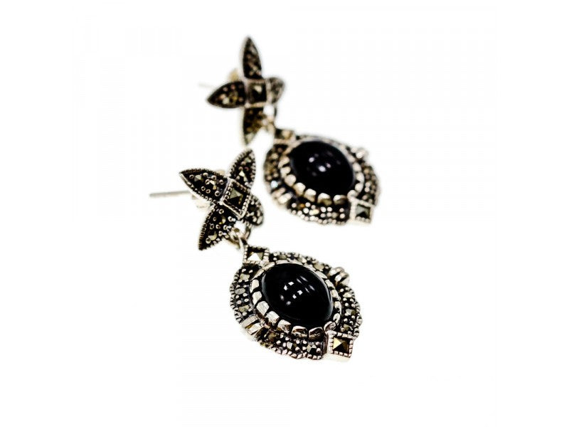 Vintage 925 Sterling Silver Onyx & Marcasites Earrings
