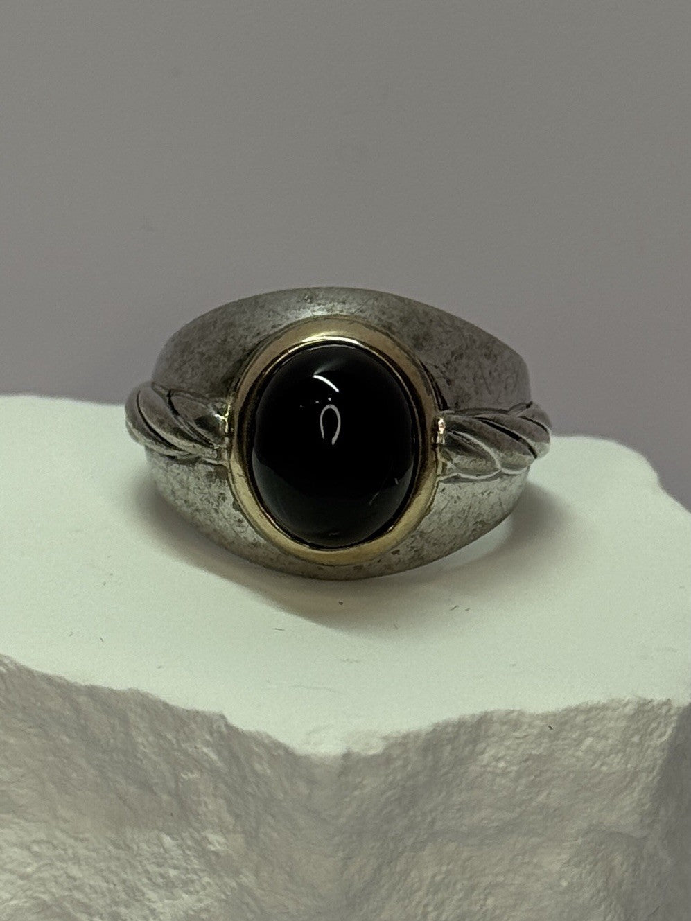 925 Sterling Silver & 14K Gold Bezel Agate Ring Size 9.5
