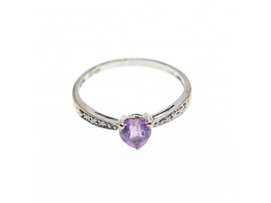 10K White Gold Amethyst & Diamonds Ring Size 8