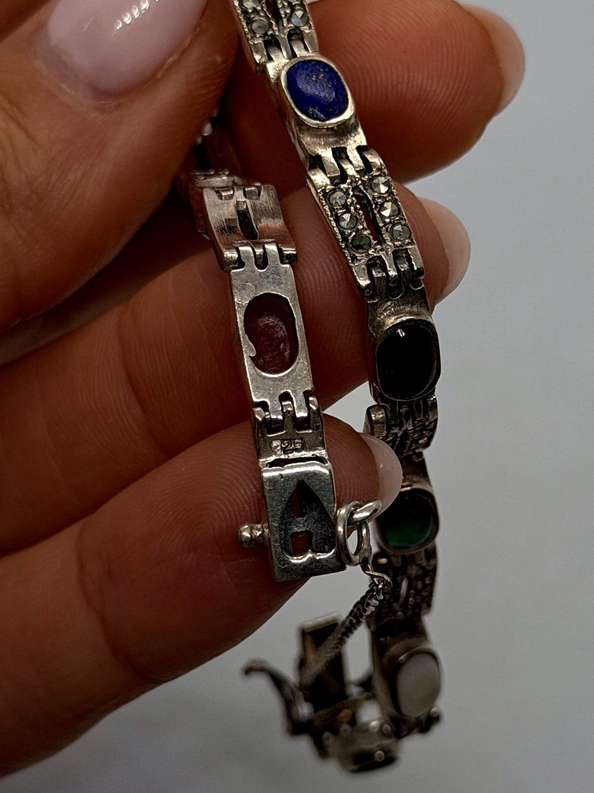 Vintage Marcasite Link Design 925 Sterling Silver MultiStone Bracelet Adjustable