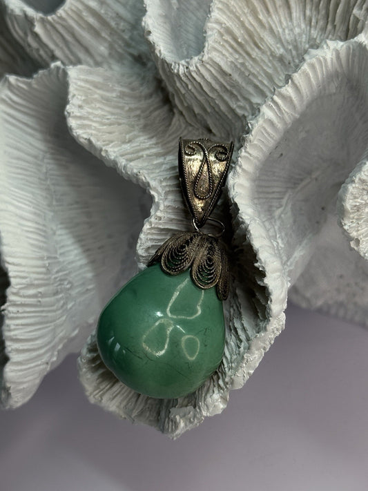 Vintage 925 Sterling Silver Malachite Pendant Length 2 Inch