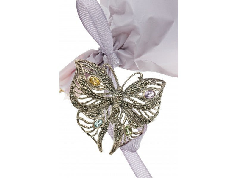925 Sterling Silver Citrine, Topaz, Amethyst, Peridot & Marcasites Brooch