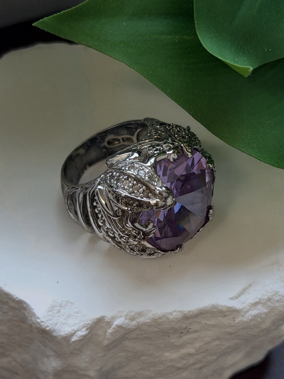 925 Sterling Silver Frog Ring Large Purple Amethyst & White Clear Beryl Size 7