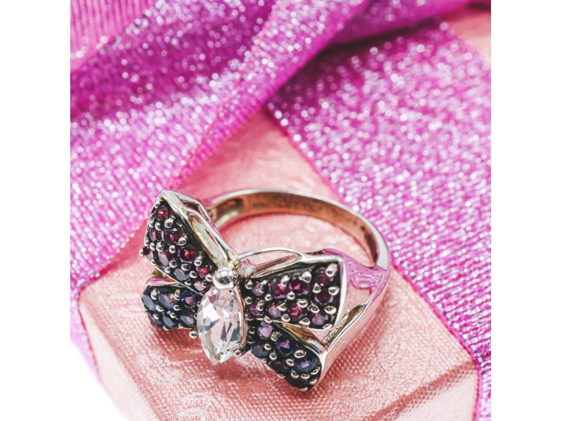 925 Sterling Silver White Topaz, Spinel & Tourmaline "Butterfly" Ring Size 8.5