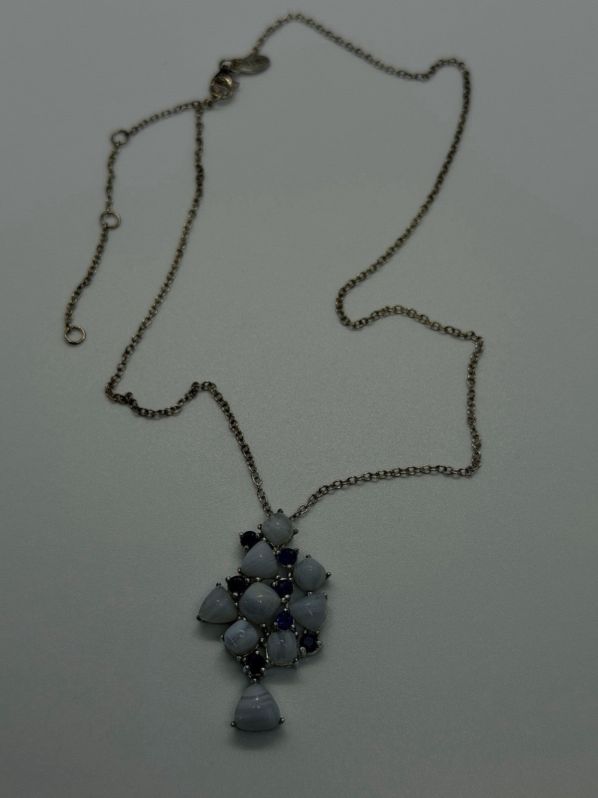 925 Sterling Silver Blue Lace Agate & Blue Sapphire Statement Pendant Necklace