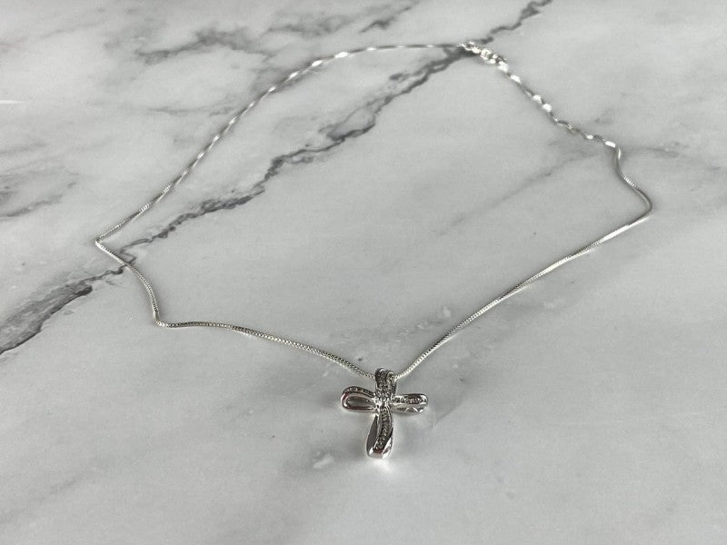 925 Sterling Silver White Topaz Chain With Cross Italy
