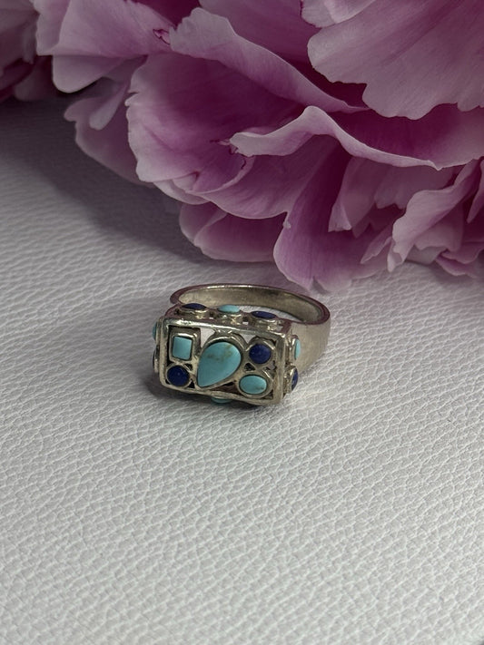 925 Sterling Silver Turquoise & Sodalite Ring Size 7.5