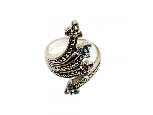 925 Sterling Silver Peridot, Topaz, Spinel & Marcasites Ring Size 6