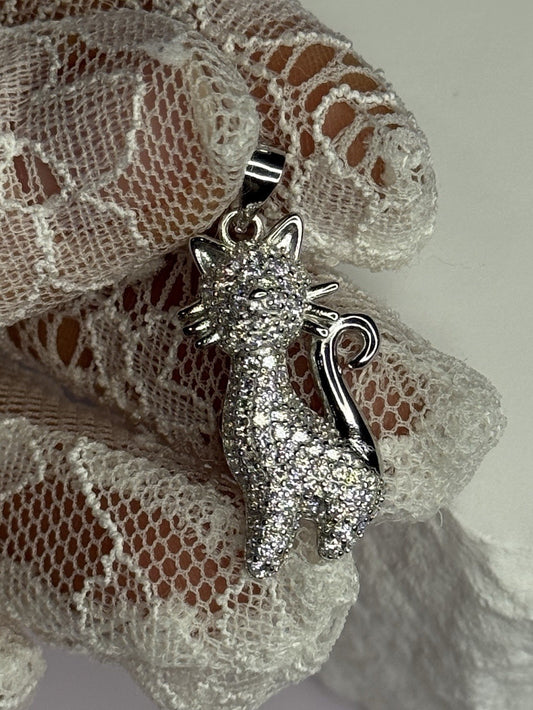 925 Sterling Silver Cat CZ Pendant Length 1.3 Inch