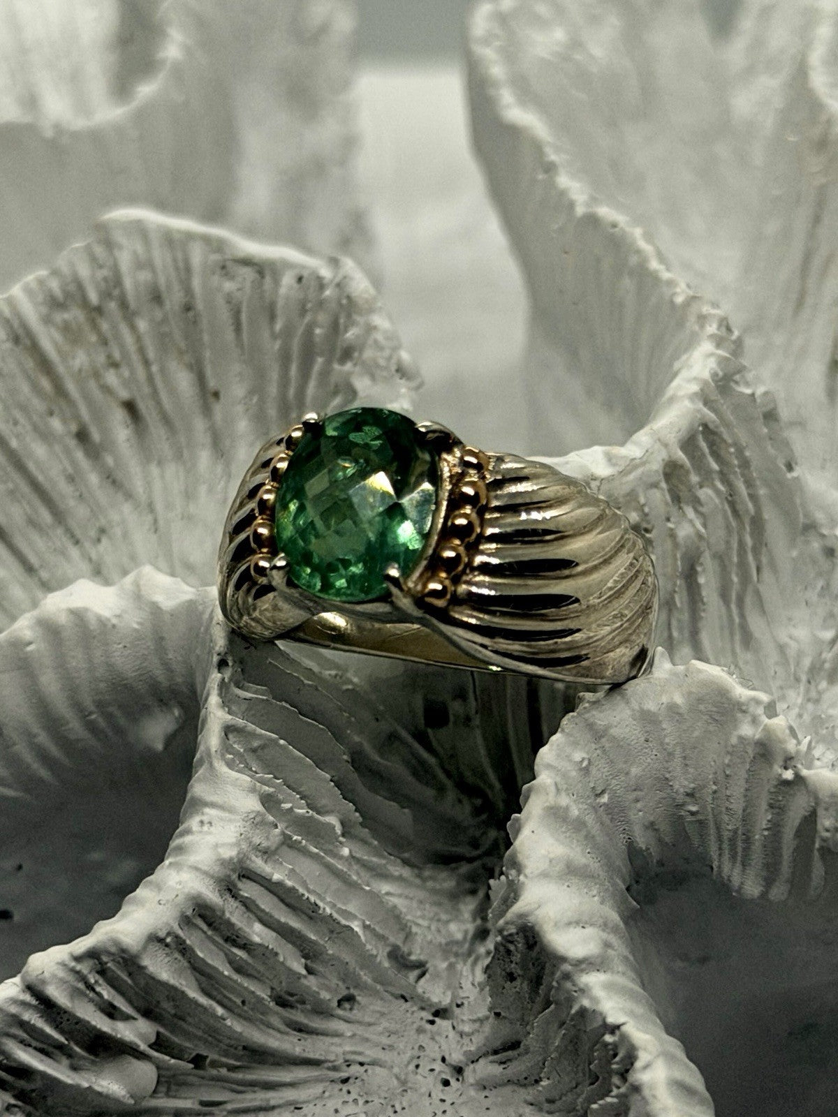 925 Sterling Silver & 14K Yellow Gold Accent Emerald Ring Size 7