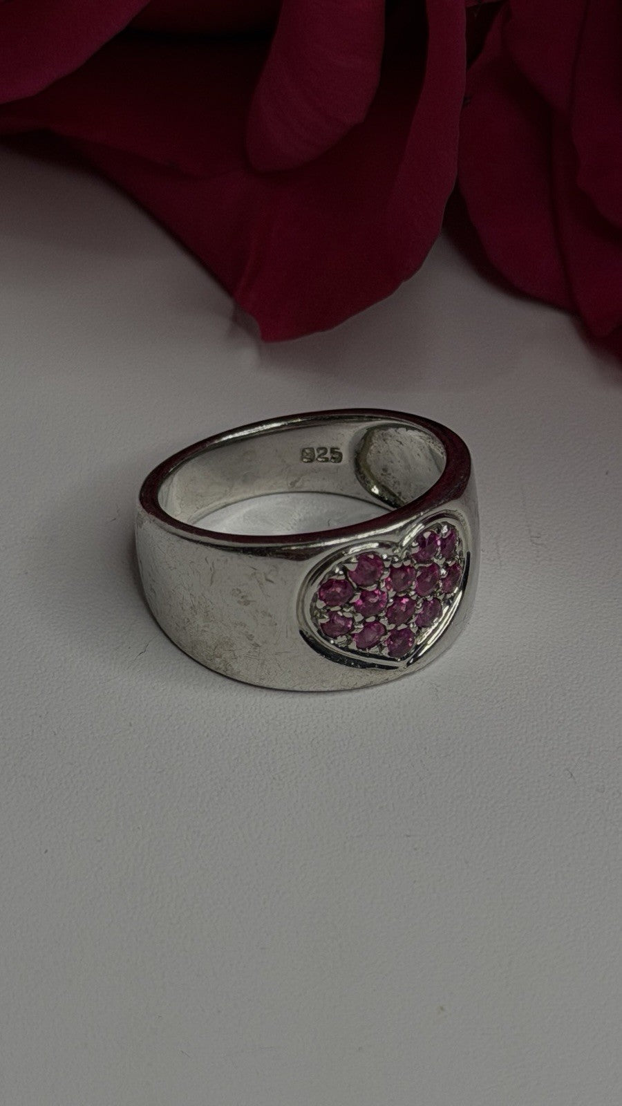 925 Sterling Silver Pink Topaz Heart Ring Size 7