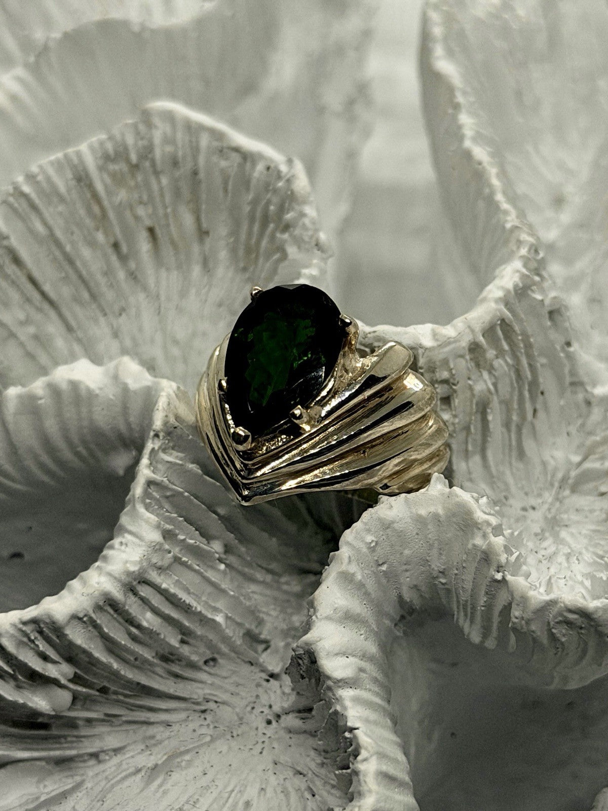 925 Sterling Silver Pear-Shaped Deep Green Tourmaline Ring Size 6