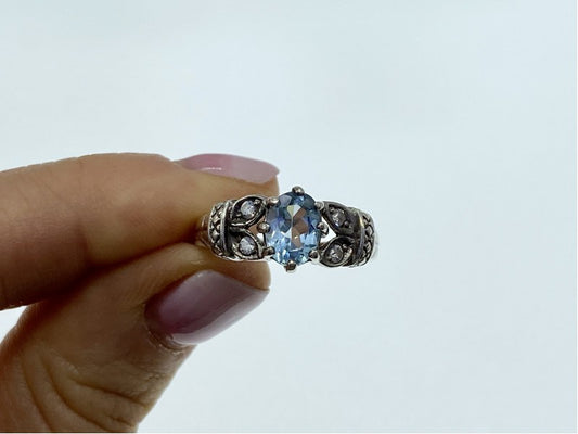 925 Sterling Silver Blue Spinel & CZ Ring Size 6.5