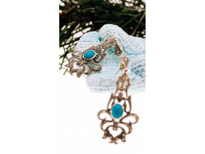 925 Sterling Silver Turquoise & Marcasites Earrings
