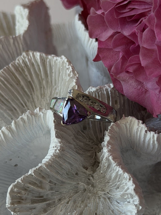925 Sterling Silver Amethyst Opal Beryl Ring Size 7