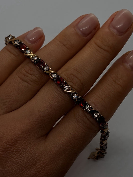 925 Sterling Silver Yellow Gold Plated Garnet & Beryl Bracelet 7