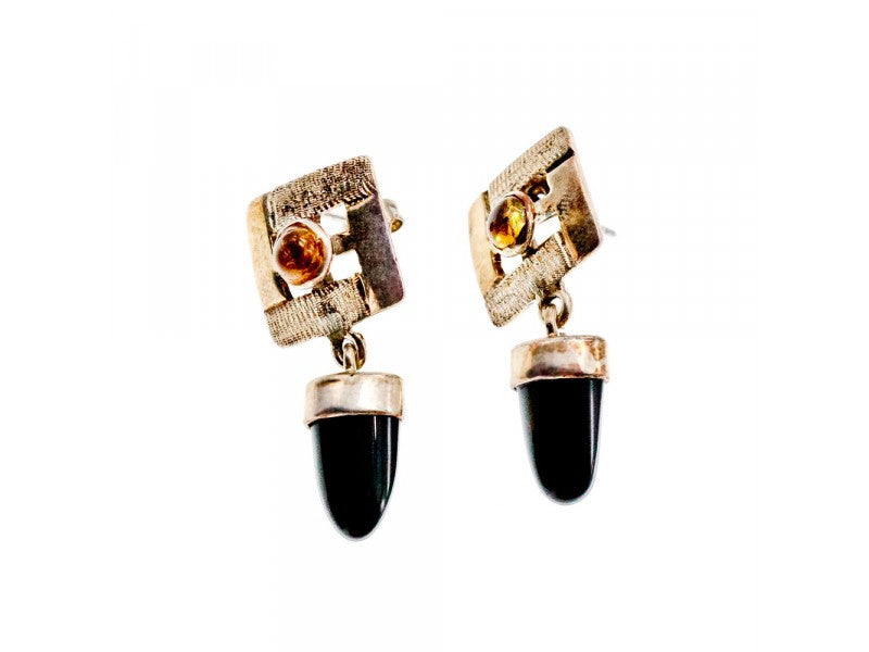 925 Sterling Silver Black Agate & Amber Earrings