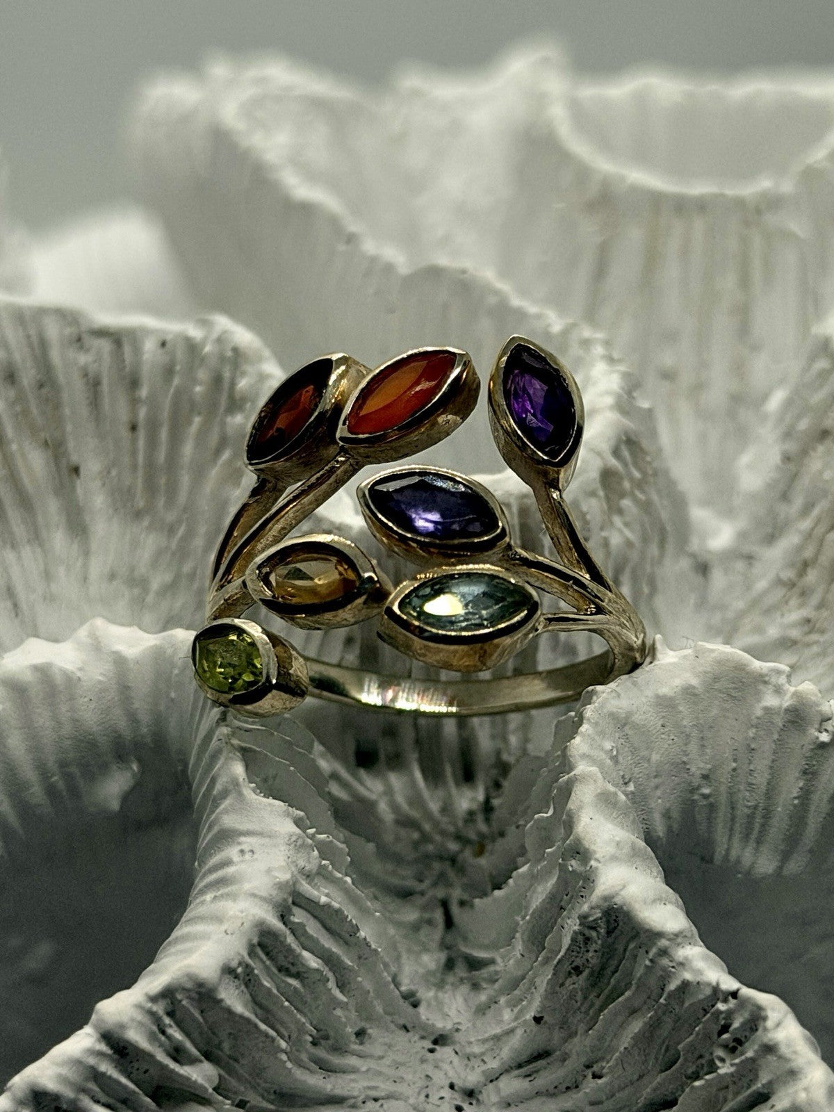 Adjustable 925 Sterling Silver Multi Color Ring Floral Design