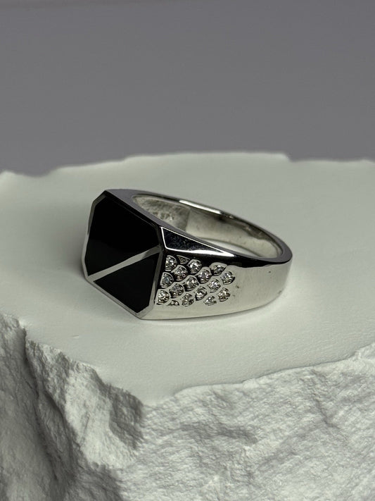 925 Sterling Silver Black Enamel & CZ Men's Ring Size 11