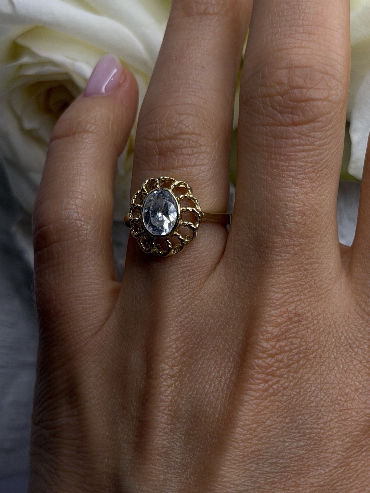 Floral Halo 925 Sterling Silver Gold Plated Clear Cz Ring Size 6.5