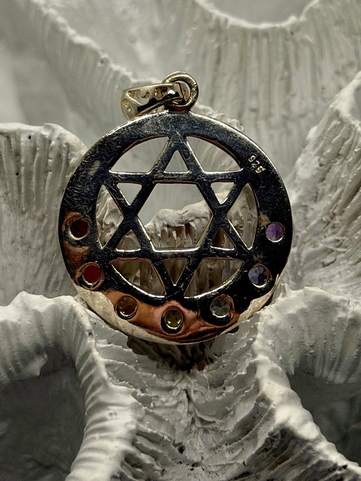 Vintage Sterling Silver Star of David Pendant with Multicolor Gemstones Judaica