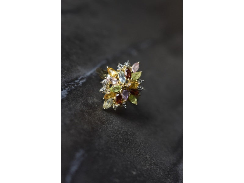 925 Sterling Silver Gold Plated Multi Gemstones Ring Size 6.5