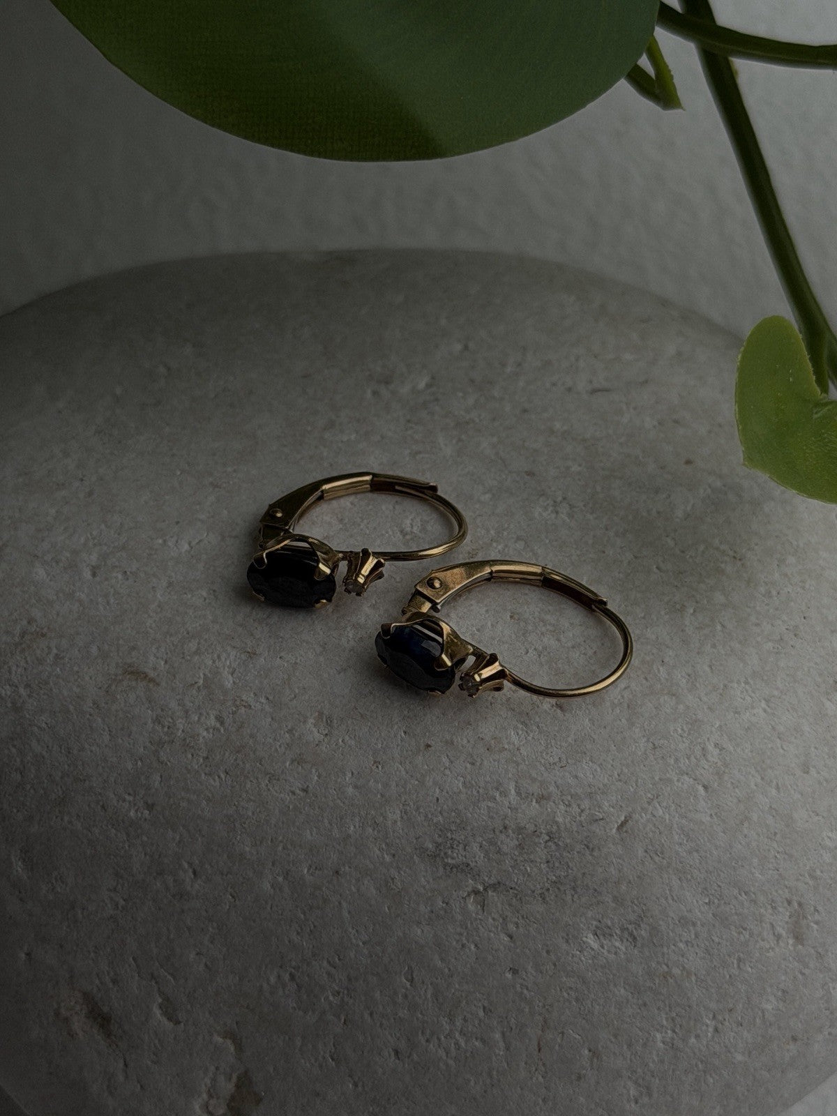 10K Yellow Gold Dark Blue Sapphire & Diamond Lever back Earrings