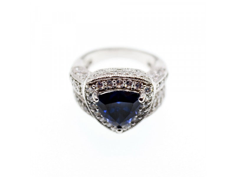 925 Sterling Silver Blue Sapphire and CZ Ring Size 5