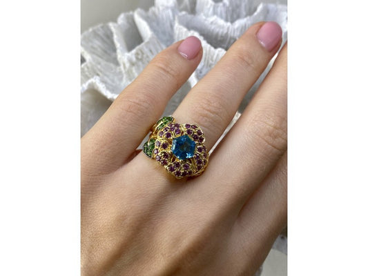 925 Sterling Silver Gold Plated Topaz, Peridot & Spinel "Flower" Ring Size 7.5