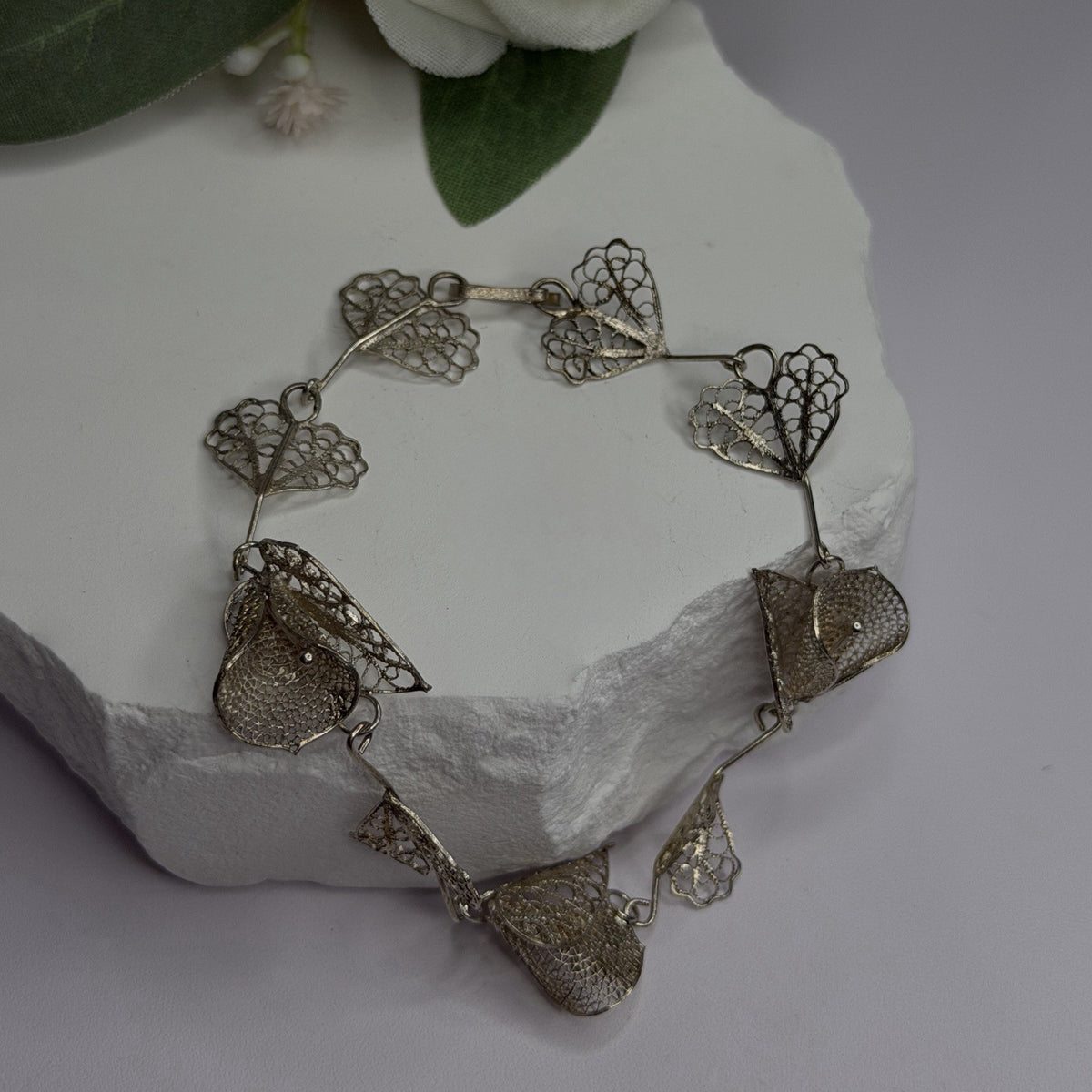 925 Sterling Silver Filigree Delicate Design Hearts & Lilies Bracelet 7