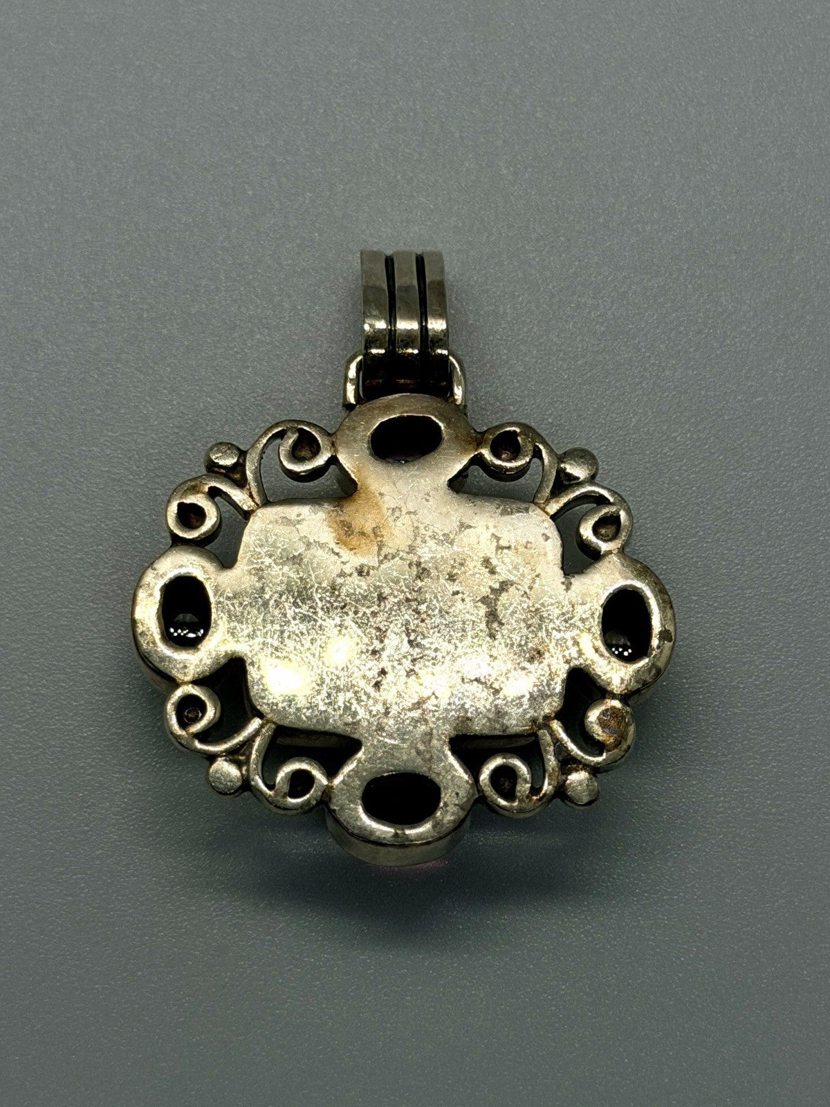 Vintage 925 Sterling Silver Moonstone Garnet & Smoky Quartz Ornate Pendant