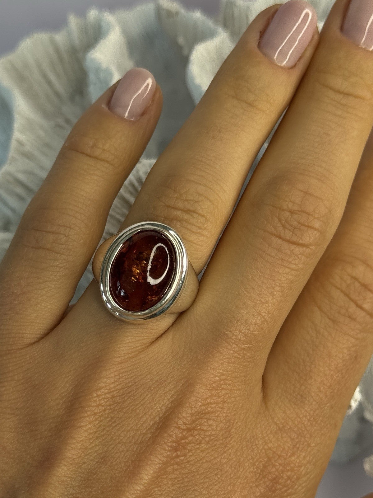 925 Sterling Silver Amber Ring Size 7