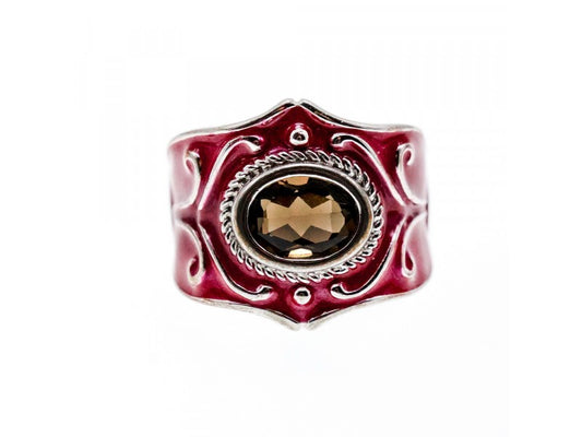 925 Sterling Silver Hessonite & Red Enamel Ring Size 9.5