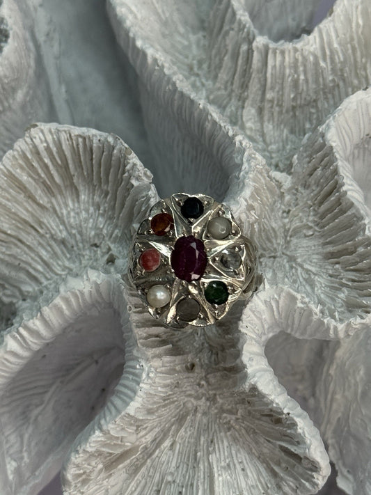 925 Sterling Silver Ruby & Multicolor Gemstones Ring Size 8