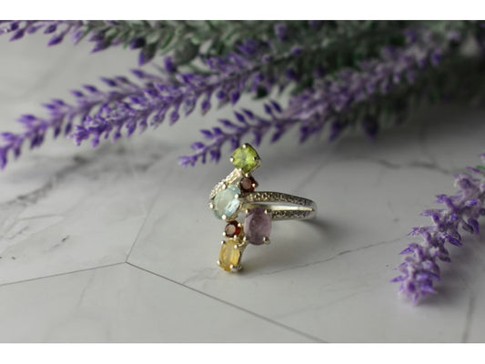 925 Sterling Silver Multi Gemstones Ring Size 8