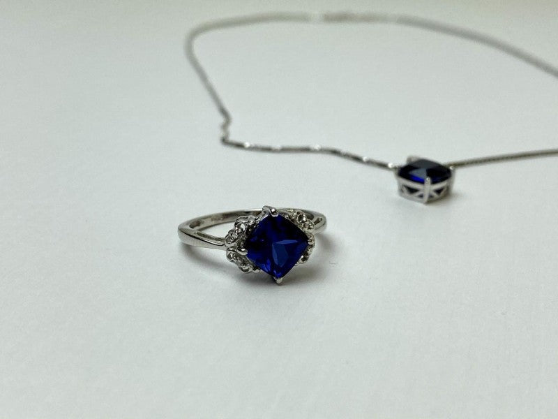 925 Sterling Silver London Blue Topaz Ring & Chain With Pendant Set