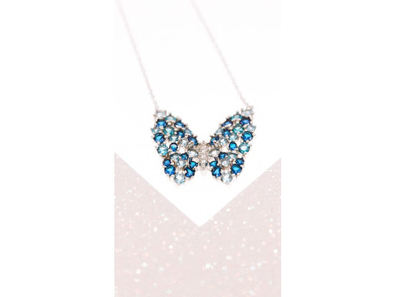 925 Sterling Silver Aquamarine & Tourmaline "Butterfly" Necklace