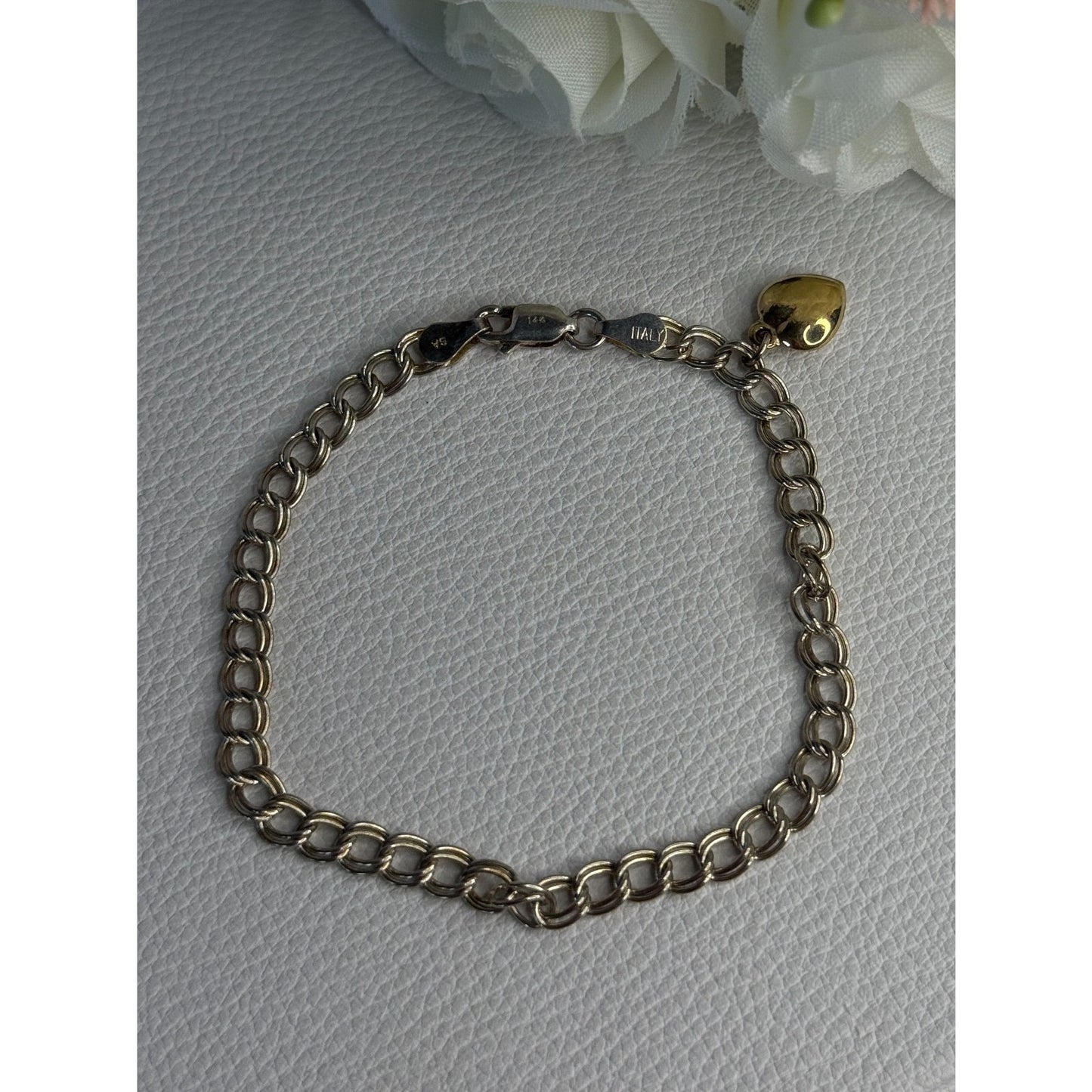925 STERLING SILVER 14K YELLOW GOLD HEART ITALY BRACELET LENGTH 7